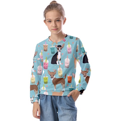 Chihuahua Bubble Kawaii Boba Tea Cute Dog Kids  Long Sleeve Tee With Frill  by Wav3s