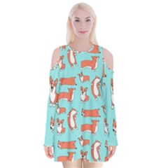 Corgis On Teal Velvet Long Sleeve Shoulder Cutout Dress by Wav3s