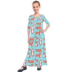 Corgis On Teal Kids  Quarter Sleeve Maxi Dress by Wav3s