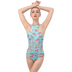 Corgis On Teal Cross Front Low Back Swimsuit by Wav3s