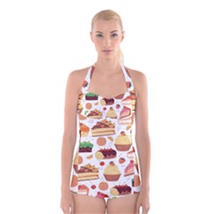 Seamless Pattern Hand Drawing Cartoon Dessert And Cake Boyleg Halter Swimsuit  by Wav3s