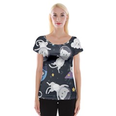 Space Cat Illustration Pattern Astronaut Cap Sleeve Top by Wav3s