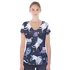 Space Cat Illustration Pattern Astronaut Short Sleeve Front Detail Top by Wav3s