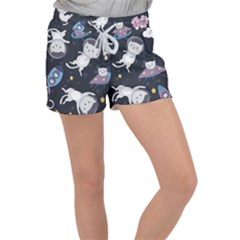 Space Cat Illustration Pattern Astronaut Women s Velour Lounge Shorts by Wav3s