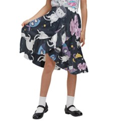 Space Cat Illustration Pattern Astronaut Kids  Ruffle Flared Wrap Midi Skirt by Wav3s