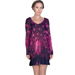 Peacock Pink Black Feather Abstract Long Sleeve Nightdress by Wav3s