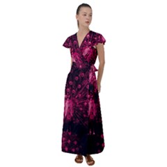 Peacock Pink Black Feather Abstract Flutter Sleeve Maxi Dress by Wav3s