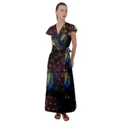 Peacock Feathers Flutter Sleeve Maxi Dress by Wav3s