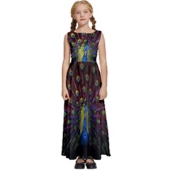 Peacock Feathers Kids  Satin Sleeveless Maxi Dress by Wav3s