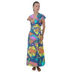 Dinosaur Pattern Flutter Sleeve Maxi Dress by Wav3s