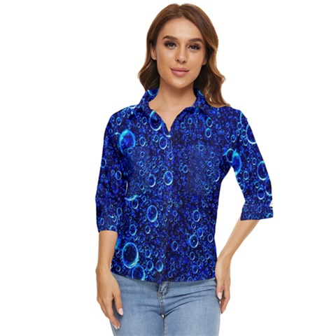 Blue Bubbles Abstract Women s Quarter Sleeve Pocket Shirt by Vaneshop