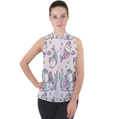 Cartoon Cat Cute Animal Design Drawing Illustration Kawaii Mock Neck Chiffon Sleeveless Top by Grandong