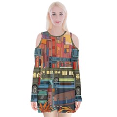 The City Style Bus Fantasy Architecture Art Velvet Long Sleeve Shoulder Cutout Dress by Grandong