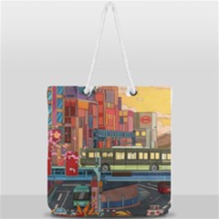 The City Style Bus Fantasy Architecture Art Full Print Rope Handle Tote (large) by Grandong