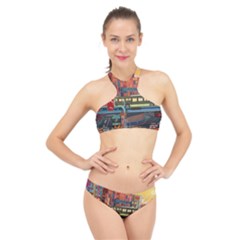 The City Style Bus Fantasy Architecture Art High Neck Bikini Set by Grandong