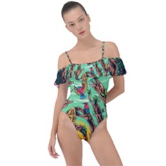 Monkey Tiger Bird Parrot Forest Jungle Style Frill Detail One Piece Swimsuit by Grandong