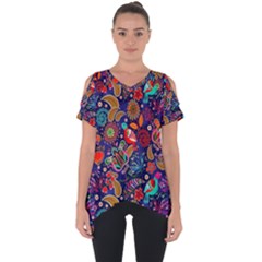 Pattern Colorful Bird Leaf Flower Cut Out Side Drop Tee by Cowasu