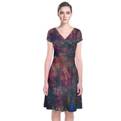 Red Peacock Feather Short Sleeve Front Wrap Dress by Cowasu