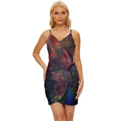 Red Peacock Feather Wrap Tie Front Dress by Cowasu