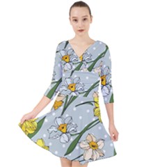 Narcissus Floral Botanical Flowers Quarter Sleeve Front Wrap Dress by Cowasu