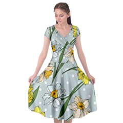 Narcissus Floral Botanical Flowers Cap Sleeve Wrap Front Dress by Cowasu