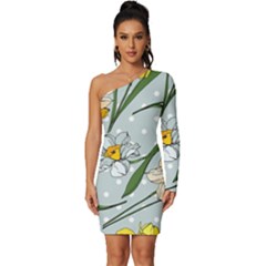 Narcissus Floral Botanical Flowers Long Sleeve One Shoulder Mini Dress by Cowasu