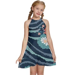 Waves Flowers Pattern Water Floral Minimalist Kids  Halter Collar Waist Tie Chiffon Dress by Ndabl3x