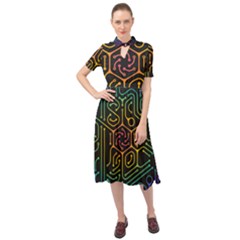 Circuit Hexagonal Geometric Pattern Background Pattern Keyhole Neckline Chiffon Dress by Ndabl3x