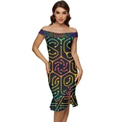 Circuit Hexagonal Geometric Pattern Background Pattern Off Shoulder Ruffle Split Hem Bodycon Dress by Ndabl3x