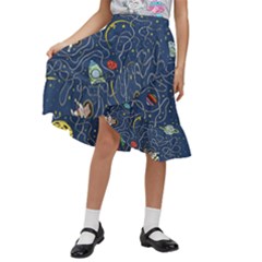 Cat Cosmos Cosmonaut Rocket Kids  Ruffle Flared Wrap Midi Skirt by Cowasu