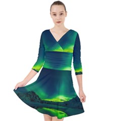 Iceland Aurora Borealis Quarter Sleeve Front Wrap Dress by Cowasu