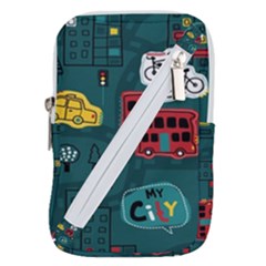 Seamless Pattern With Vehicles Building Road Belt Pouch Bag (small) by Cowasu