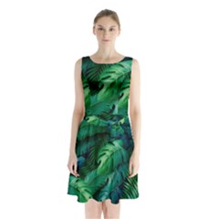 Tropical Green Leaves Background Sleeveless Waist Tie Chiffon Dress by Amaryn4rt