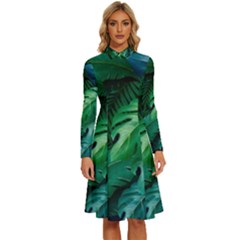 Tropical Green Leaves Background Long Sleeve Shirt Collar A-line Dress by Amaryn4rt