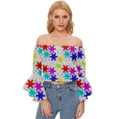 Snowflake Pattern Repeated Off Shoulder Flutter Bell Sleeve Top by Amaryn4rt