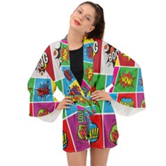 Pop Art Comic Vector Speech Cartoon Bubbles Popart Style With Humor Text Boom Bang Bubbling Expressi Long Sleeve Kimono by Amaryn4rt