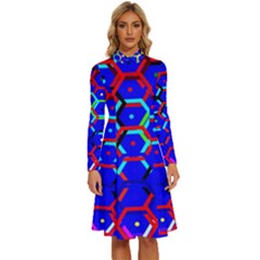 Blue Bee Hive Pattern Long Sleeve Shirt Collar A-line Dress by Amaryn4rt