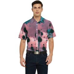 Nature Sunset Sky Clouds Palms Tropics Porous Men s Short Sleeve Pocket Shirt  by Ravend