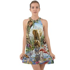 Beautiful Jungle Animals Halter Tie Back Chiffon Dress by Ravend