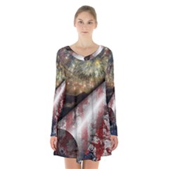 Independence Day Background Abstract Grunge American Flag Long Sleeve Velvet V-neck Dress by Ravend