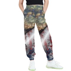 Independence Day Background Abstract Grunge American Flag Kids  Elastic Waist Pants by Ravend