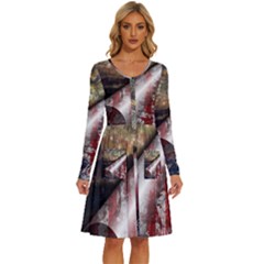 Independence Day Background Abstract Grunge American Flag Long Sleeve Dress With Pocket by Ravend