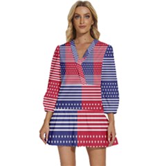 American Flag Patriot Red White V-neck Placket Mini Dress by Celenk