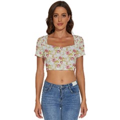 Background Pattern Flower Spring Short Sleeve Square Neckline Crop Top  by Celenk