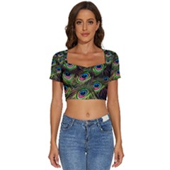 Peacock Feathers Color Plumage Short Sleeve Square Neckline Crop Top  by Celenk