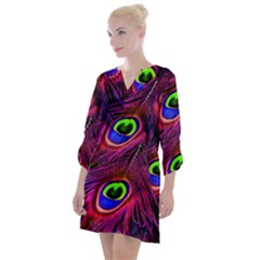 Peacock Feathers Color Plumage Open Neck Shift Dress by Celenk