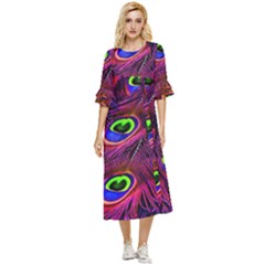 Peacock Feathers Color Plumage Double Cuff Midi Dress by Celenk