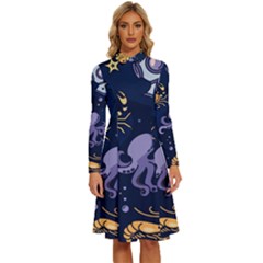 Marine-seamless-pattern-thin-line-memphis-style Long Sleeve Shirt Collar A-line Dress by uniart180623