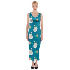 Elegant-swan-pattern-with-water-lily-flowers Fitted Maxi Dress by uniart180623