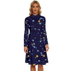 Seamless-pattern-with-cartoon-zodiac-constellations-starry-sky Long Sleeve Shirt Collar A-line Dress by uniart180623